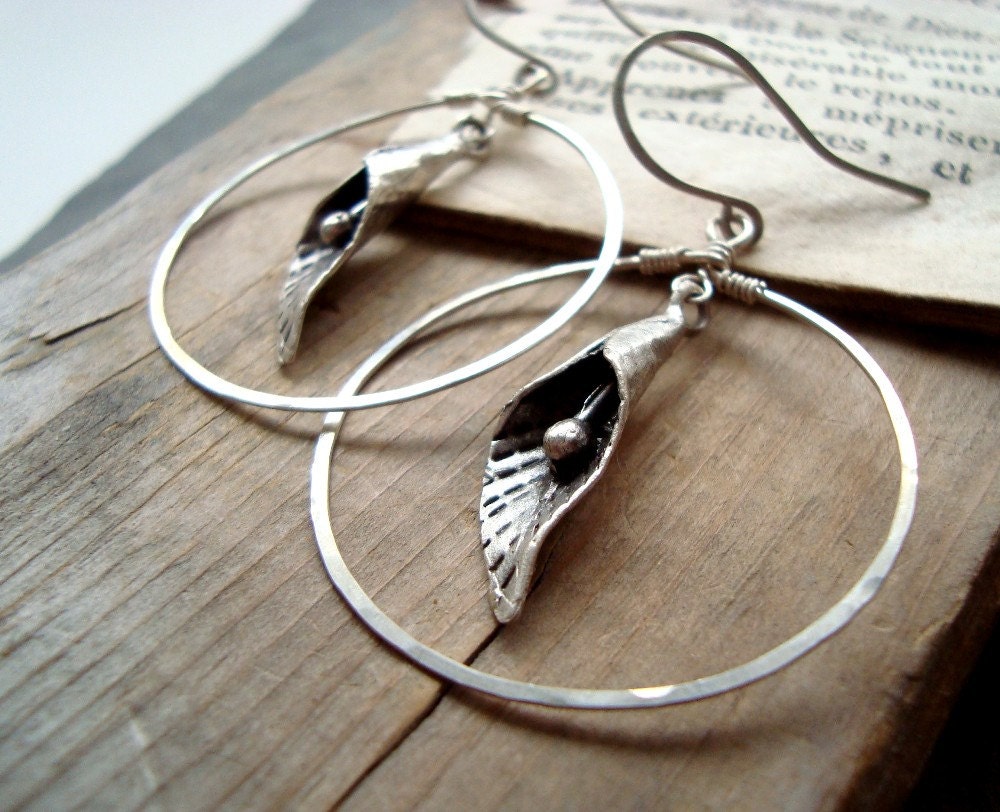 Silver Calla Lily Hoop Earrings Flower Jewelry Metalworked Nature Inspired Jewelry, Large Hoops Sterling Silver.