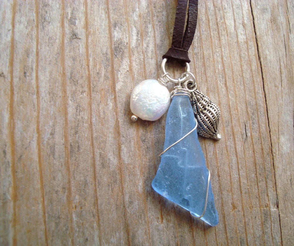 Blue Sea Glass Necklace With Silver Shell And Pearl, Leather Beach Glass Jewelry, Upcycled Sterling Silver Wire Wrapped.