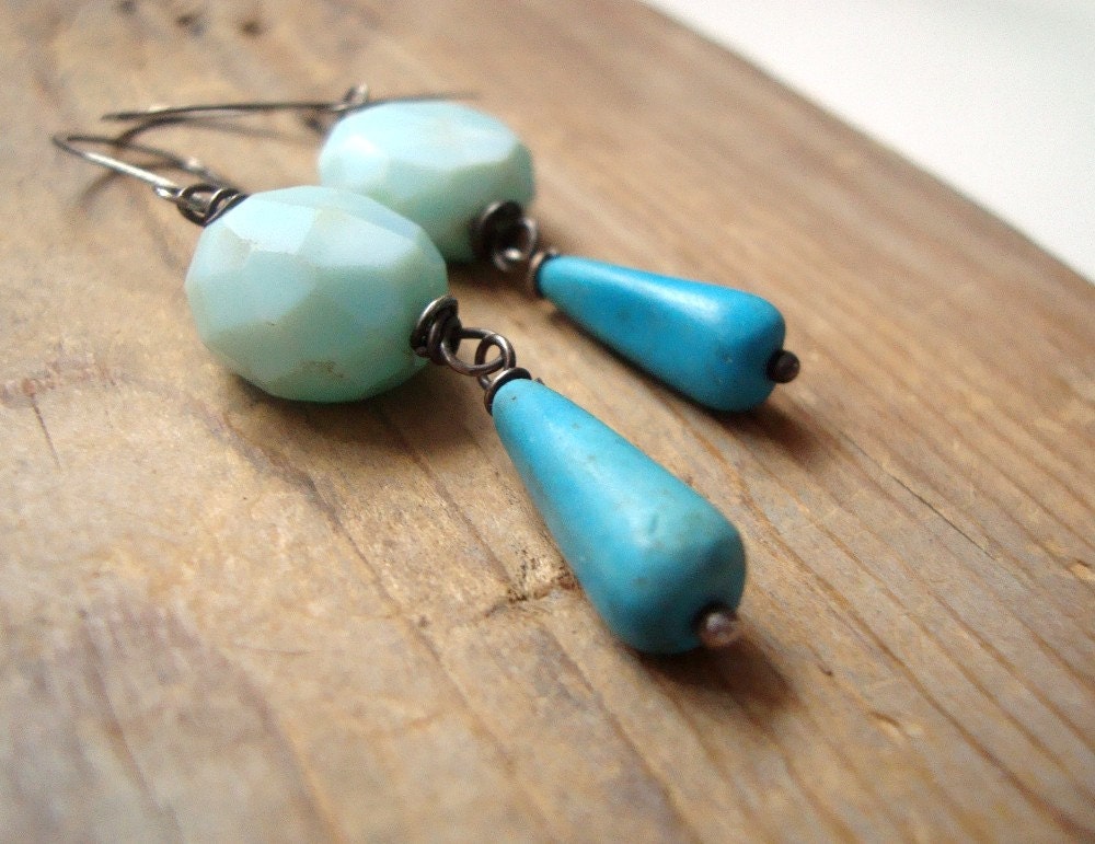 Blue Opal And Turquoise Earrings, Oxidized Sterling Silver Wire Wrapped October Birthstone, Modern Gemstone Jewelry