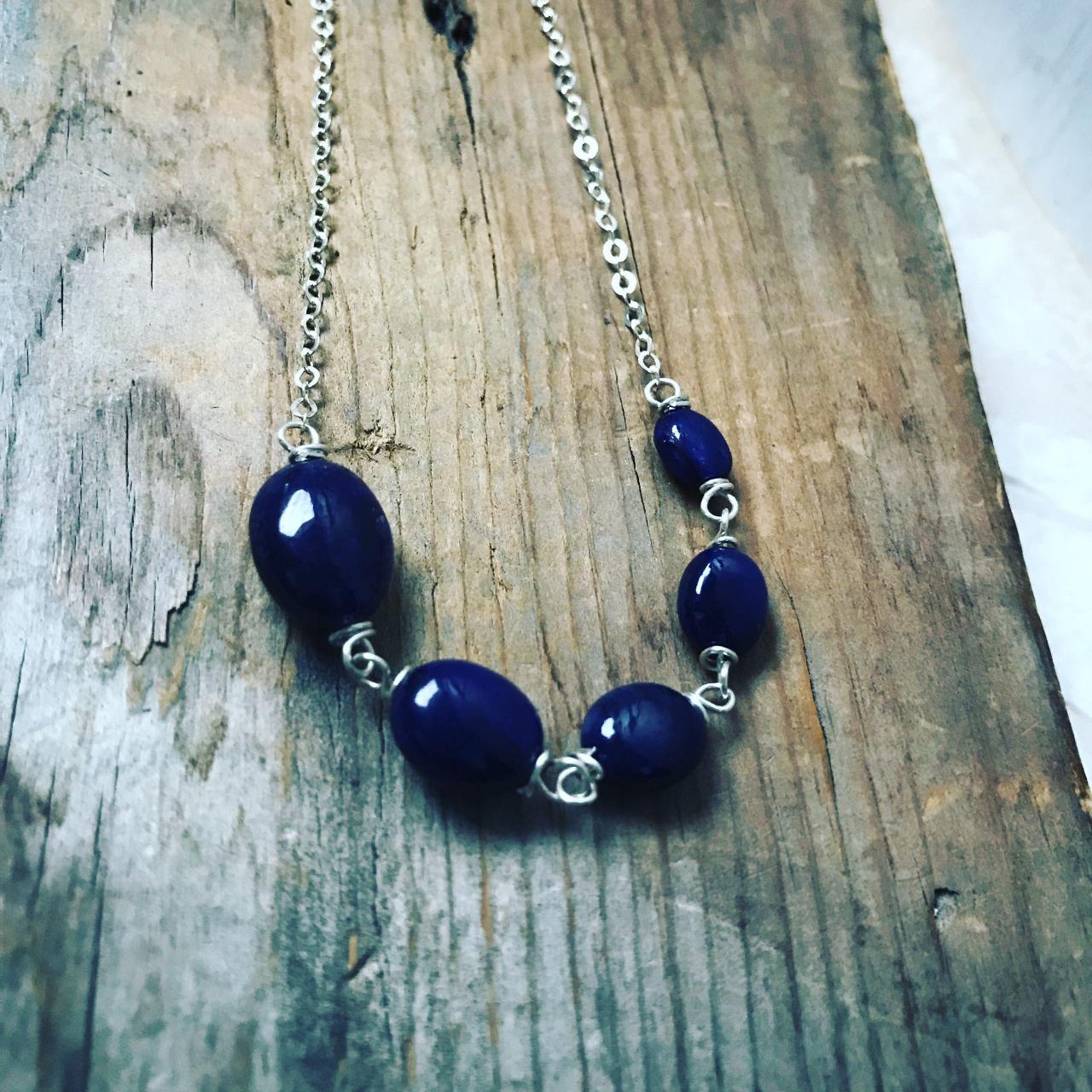 Sapphire Necklace, Sterling Silver Wire Wrapped, Dark Blue Jewelry, Gemstone September Birthstone.
