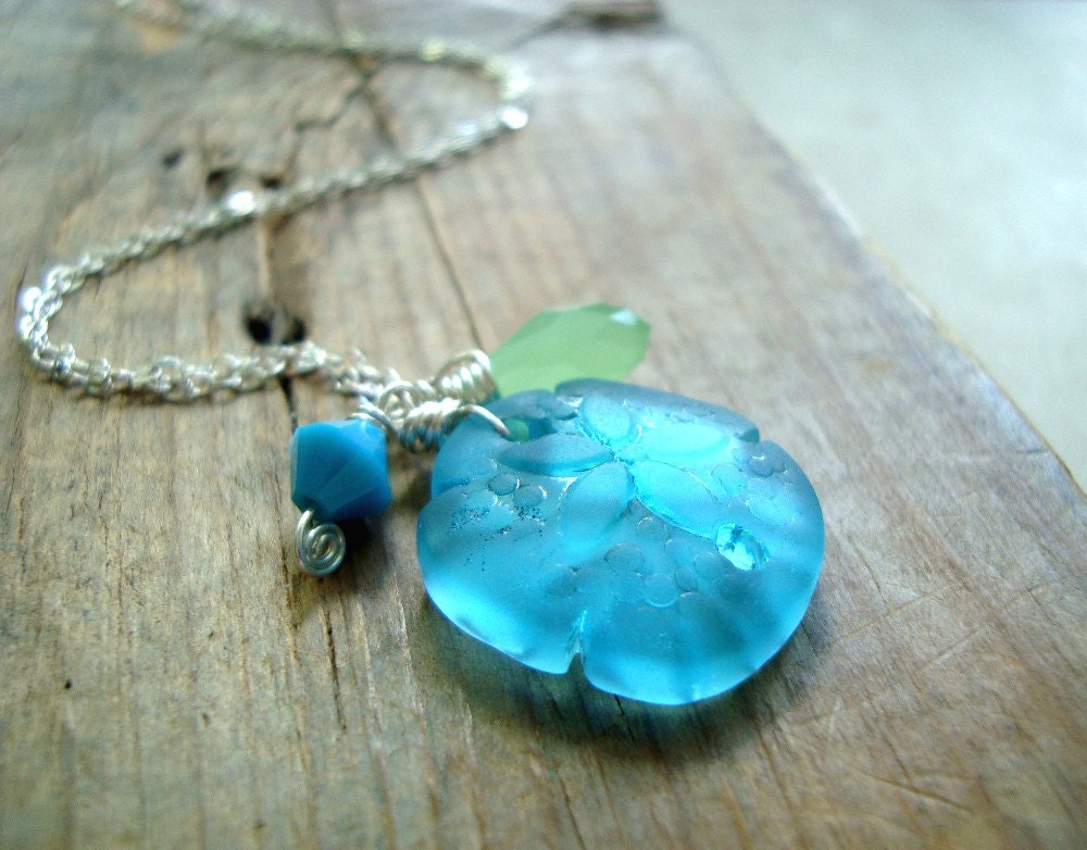 Aqua Sand Dollar Necklace With Crystals, Recycled Sea Glass Jewelry Beach Glass Sterling Silver Charm Necklace Beachy Summer.