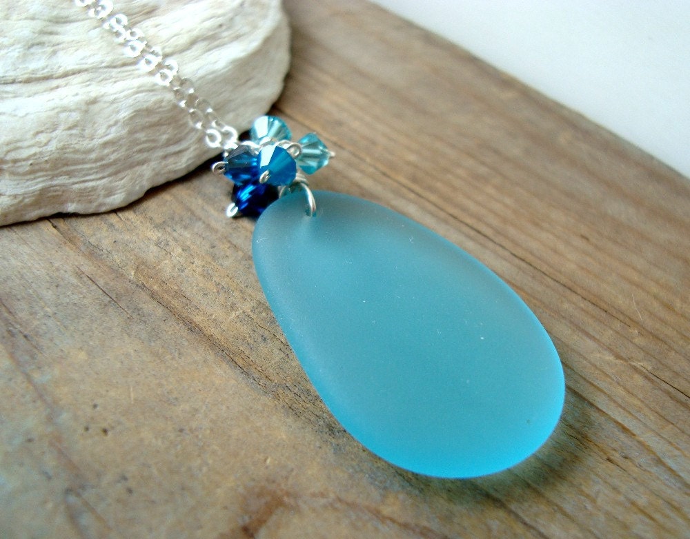 Ombre Sea Glass Necklace Dark Aqua Summer Fashion Beachy Recycled Glass, Statement Necklace.