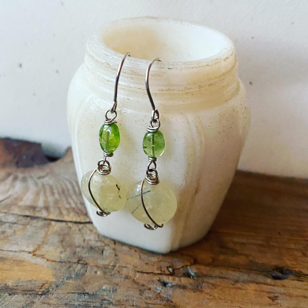 Prehnite And Peridot Earrings, Sterling Silver August Birthstone Sterling Silver Wire Wrapped Gemstone Jewelry, Bridesmaid Weddings.