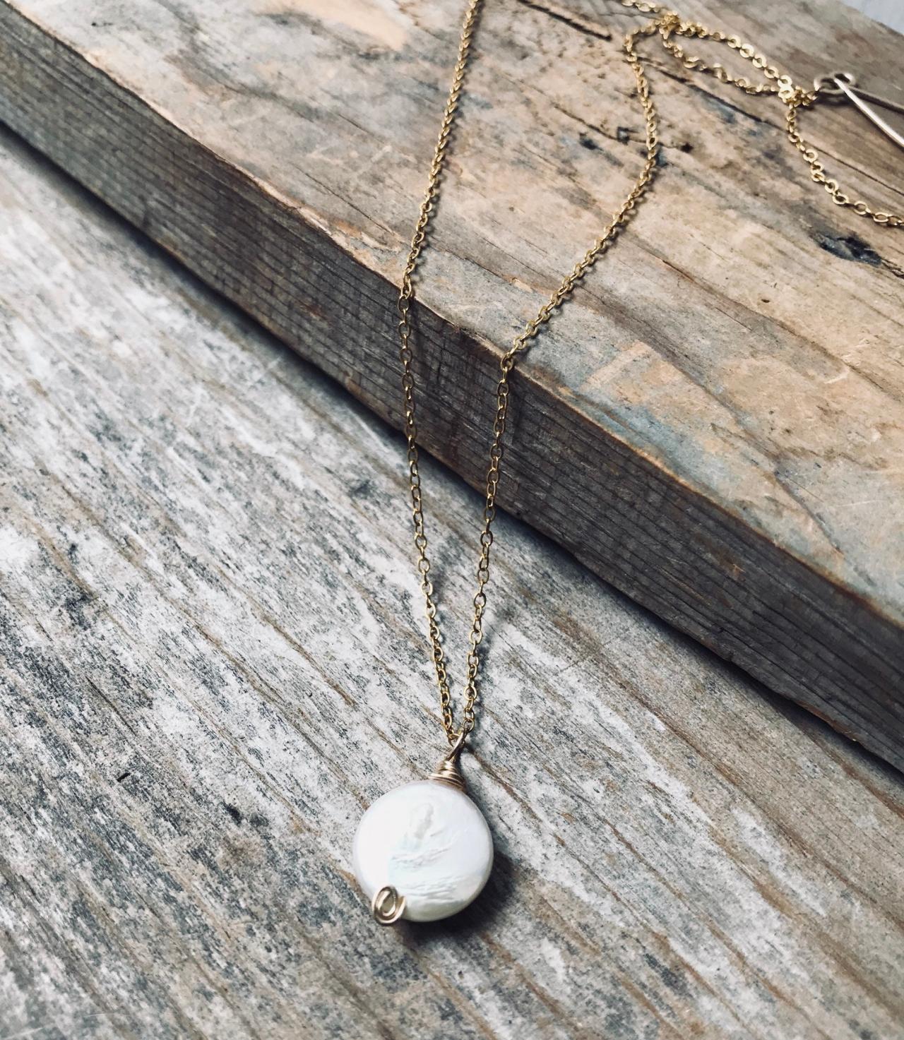 White Coin Pearl Necklace Gold Bridal Jewelry June Birthstone Pearl Jewelry Pendant Weddings.
