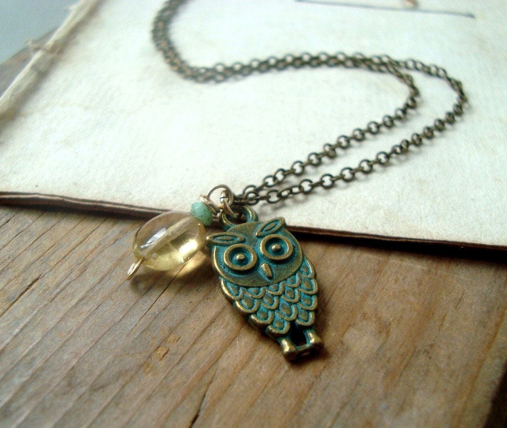 Green Owl Necklace With Gemstones Jewelry November Citrine Brass Jewelry, Woodland Owl Nature Inspired Rustic.
