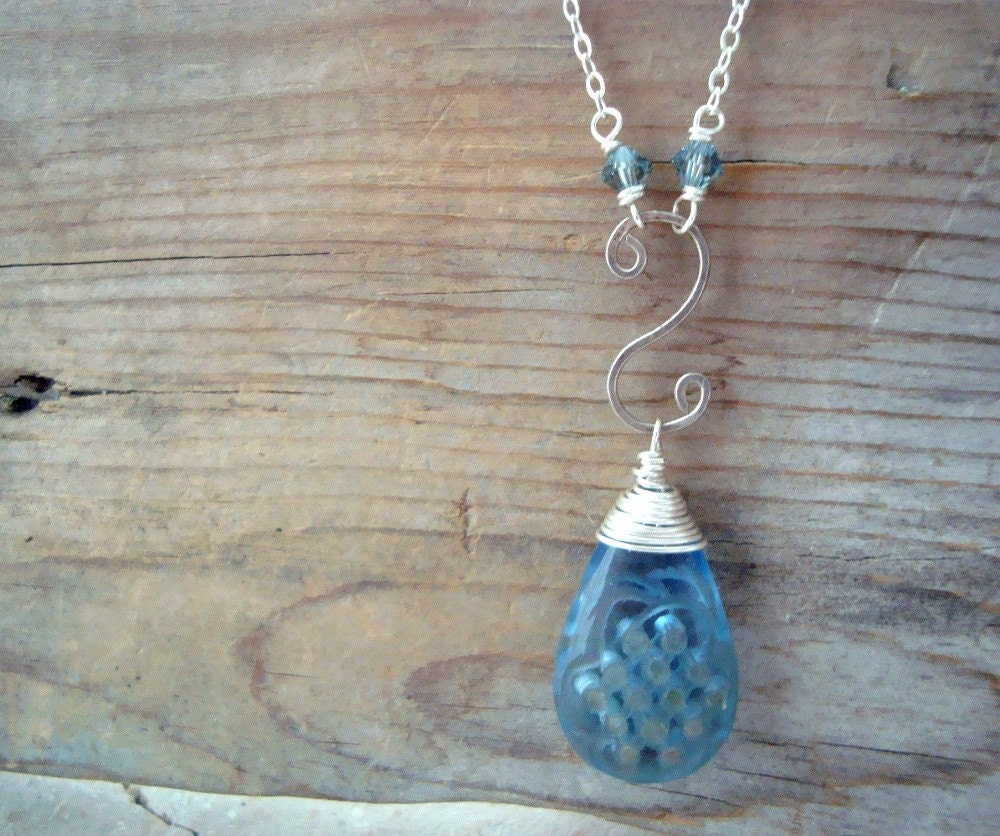 Montana Blue Quartz Pendant Necklace Asian Style Carved Stone Sterling Silver Bohomian Style Summer Jewelry.