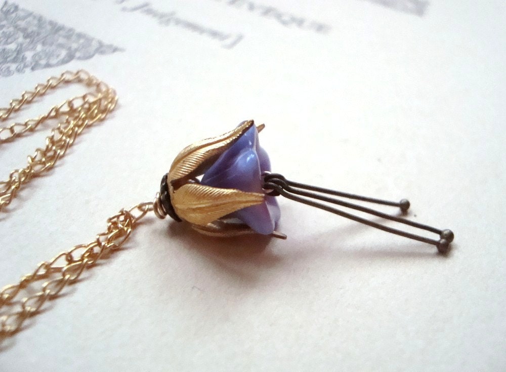 Lavender Glass Blossom Necklace Brass Bridal Jewelry Bridesmaid Necklace Flower Jewelry Gifts Under 30 Vintage Style Flower Jewelry.