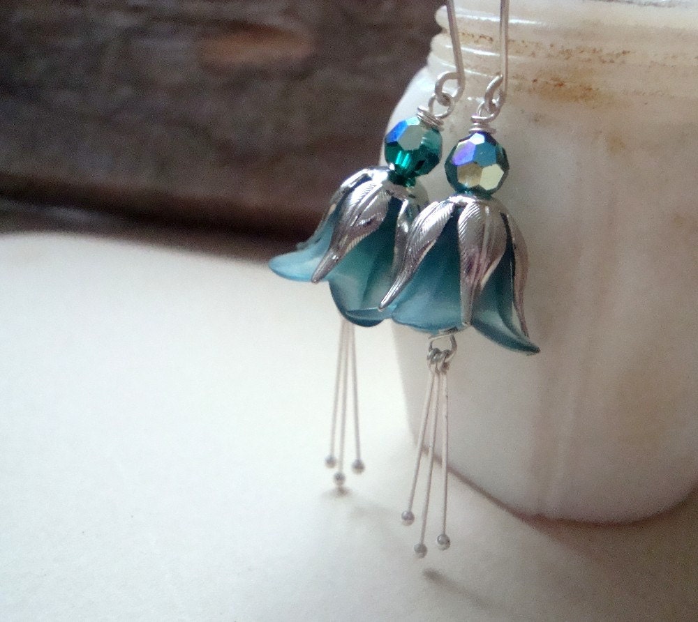 Teal And Silver Blossom Earrings, Lucite Holiday Jewelry Bridesmaid Earrings Weddings Nature Inspired Floral.