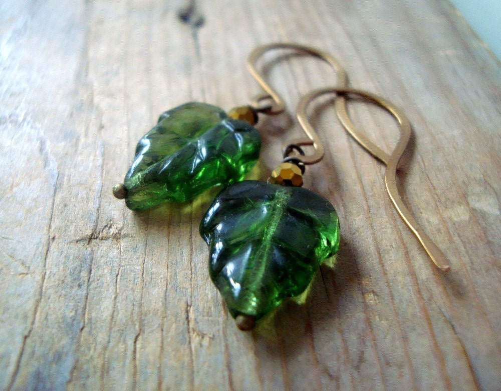 Green Maple Leaf Earrings Brass Jewelry Crystal Fall Fashion Spring Fashion Nature Inspired Woodland Leaf Jewelry.