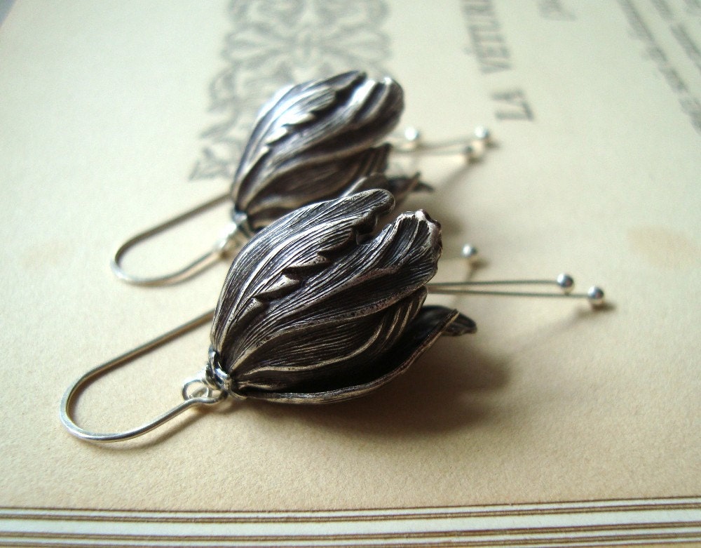 Silver Tulip Flower Earrings - Large Bridal Jewelry Fall Fashion Holiday Jewelry Spring Fashion Floral Jewelry Silver Tulips Large Dangles.