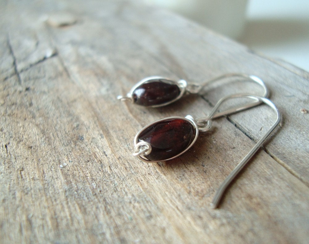 Tiny Garnet And Sterling Wire Wrapped Earrings, January Birthstone Modern Small Dangles- Cranberry Red Gemstone Jewelry.