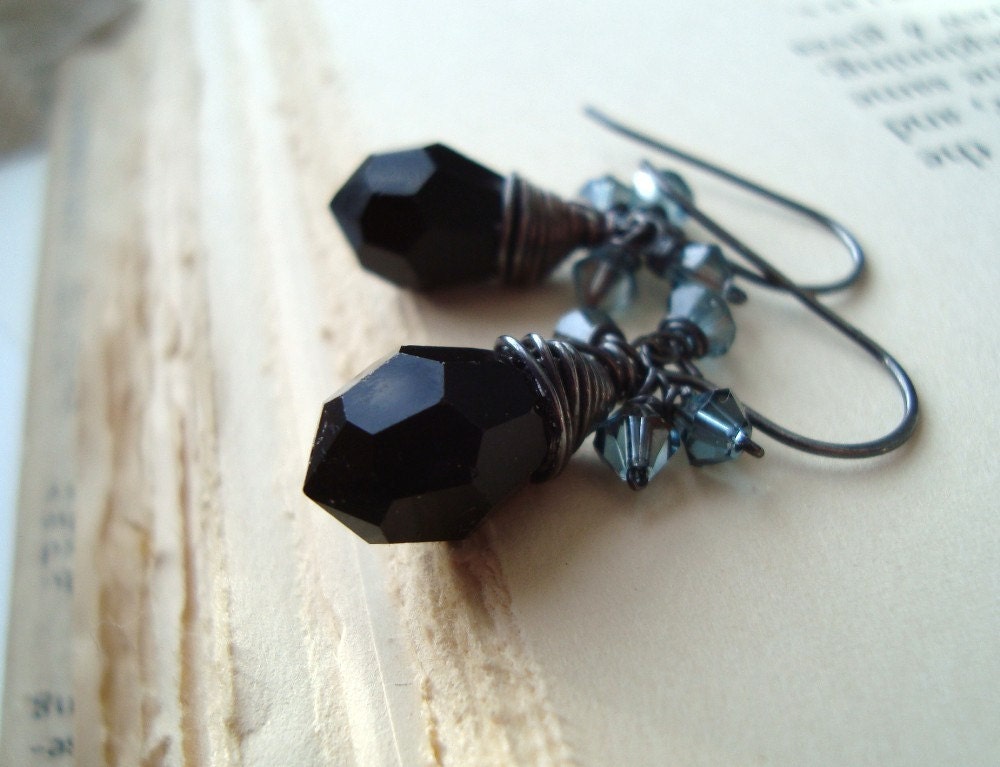 Black Vintage Glass Holiday Earrings, Magie Noire Teardrop Blue Crystal Sterling Silver Wire Wrapped Holiday Jewelry.