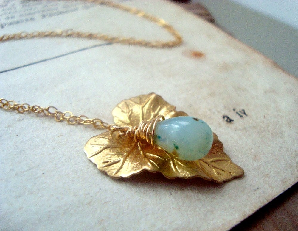 Ivy Leaf Necklace With Green Opal Glass Gold Nature October Birthstone, Art Nouveau Gemstone Bridesmaid Earrings.