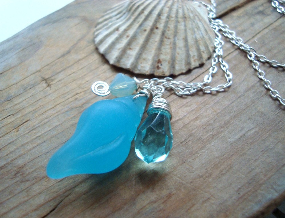 Sea Glass Necklace, Aqua Shell And Crystal, Jewelry Bridesmaids Statement Necklace.