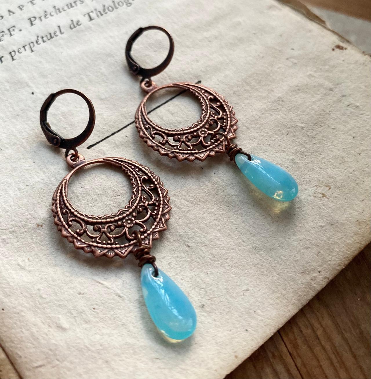 Copper Filigree Earrings With Blue Glass Teardrops Aqua Leverbacks, Handmade Jewelry Boho Style Earrings.