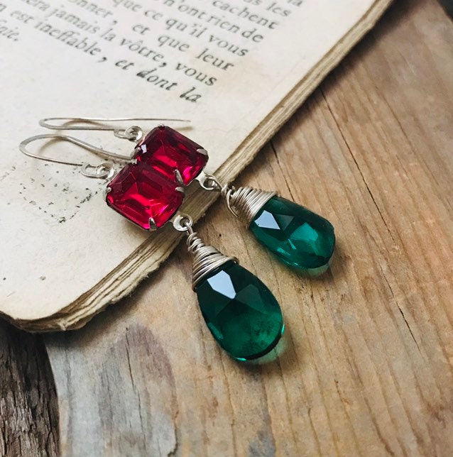 Red And Green Crystal Earrings Vintage Style Silver Bridesmaid Jewelry Ruby Red Emerald Green May Birthstone July.