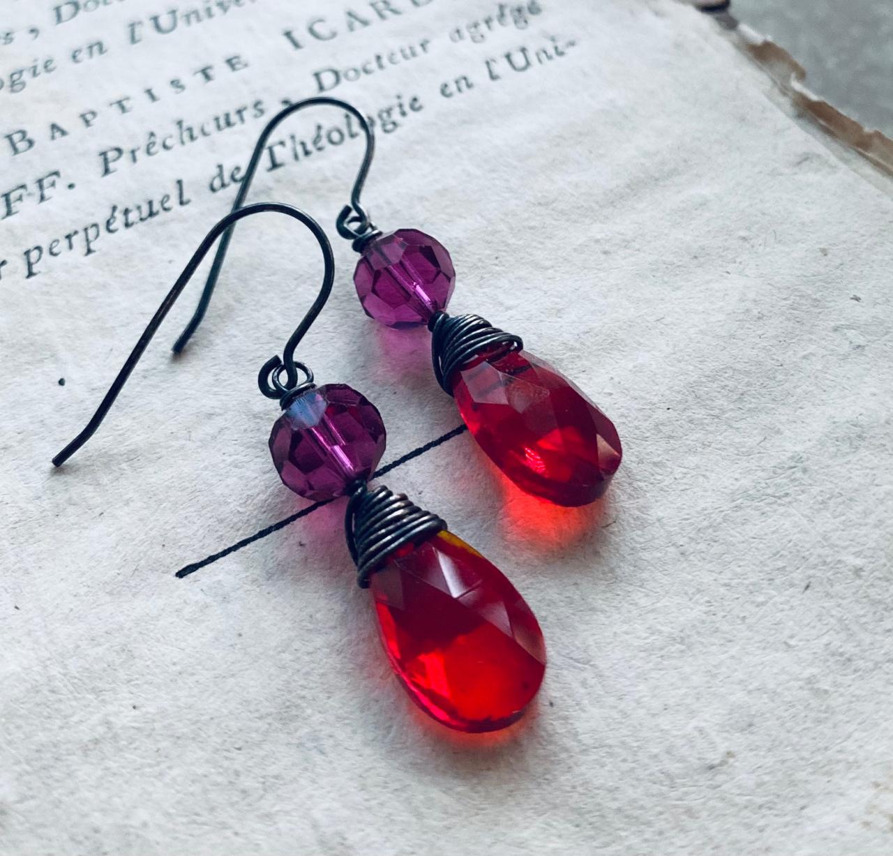 Holiday Crystal Earrings Red Fuchsia Oxidized Sterling Silver Long Drops Vintage Style Wire Wrapped.