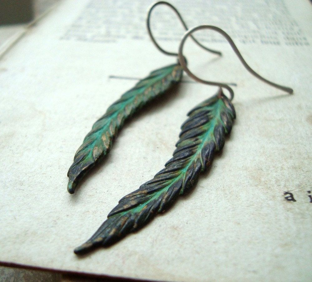 Feather Earrings - Green Patina Long Dangles Boho Chic Hippie Statement Earrings Coachella Sterling Silver Brass Jewelry.