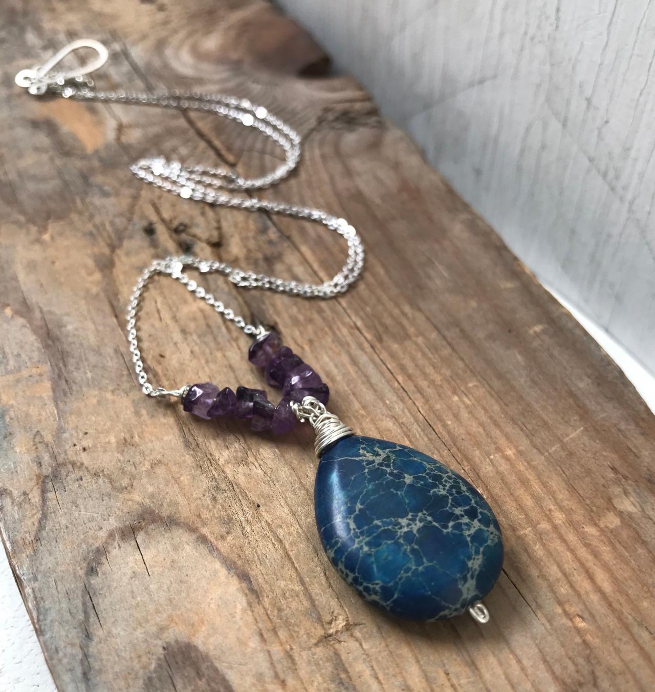 Magnesite and Amethyst Necklace Wire Wrapped Sterling Silver March December Birthstone Gemstone Jewelry. 