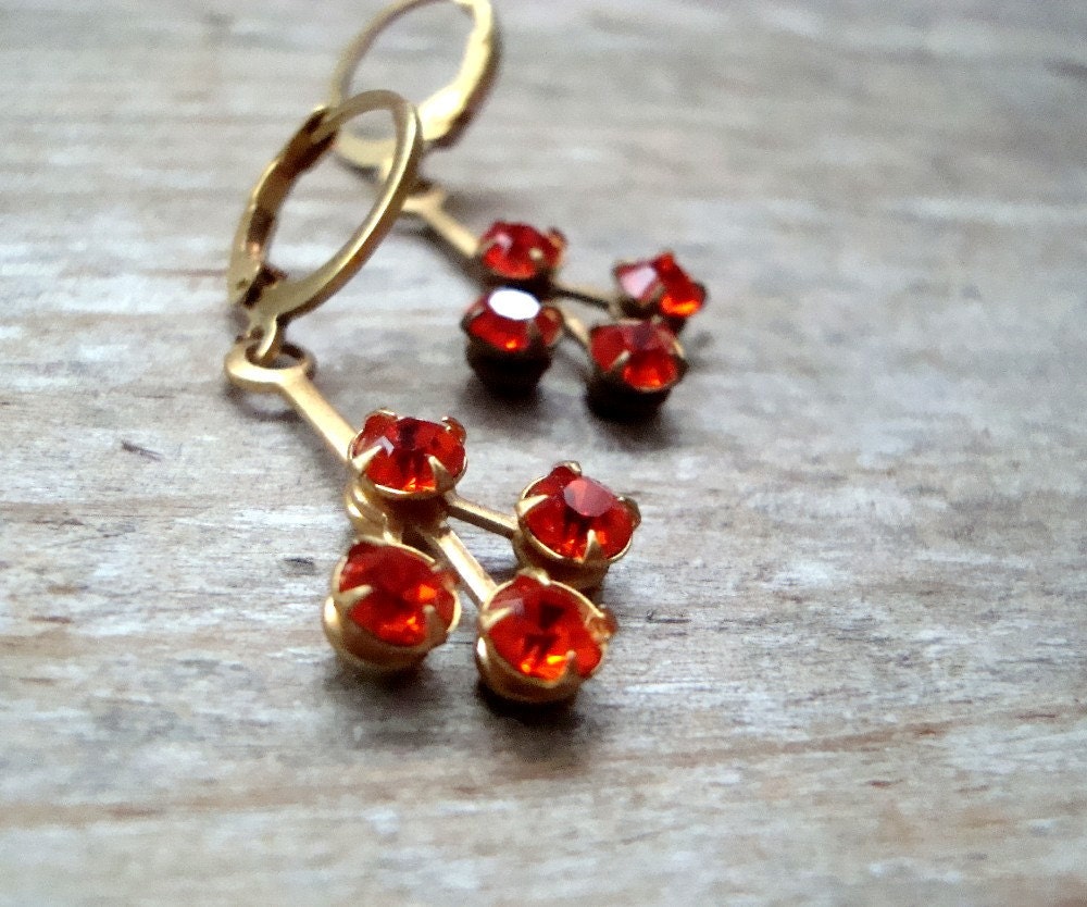Orange Red Rhinestone Earrings Vintage Style Bridesmaid Brass Jewelry Fall Earrings.