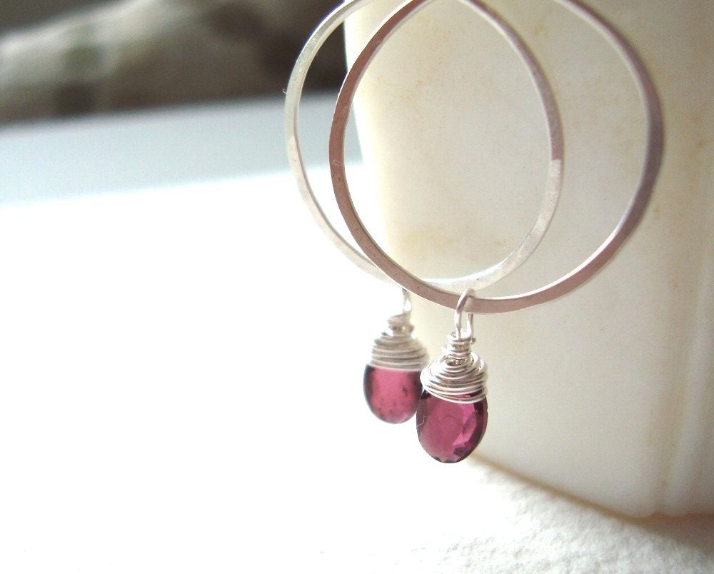Tiny Cranberry Garnet Hoop Earrings Sterling Silver Jewelry January Birthstone Gemstone Cranberry Red.