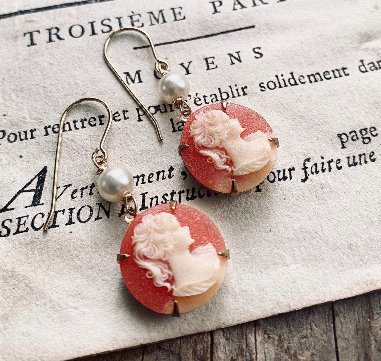 Cameo Earrings With Pearl Peach And Ivory Vintage Style Bridesmaid Jewelry Brass Old Fashioned Round Portrait Gifts For Her