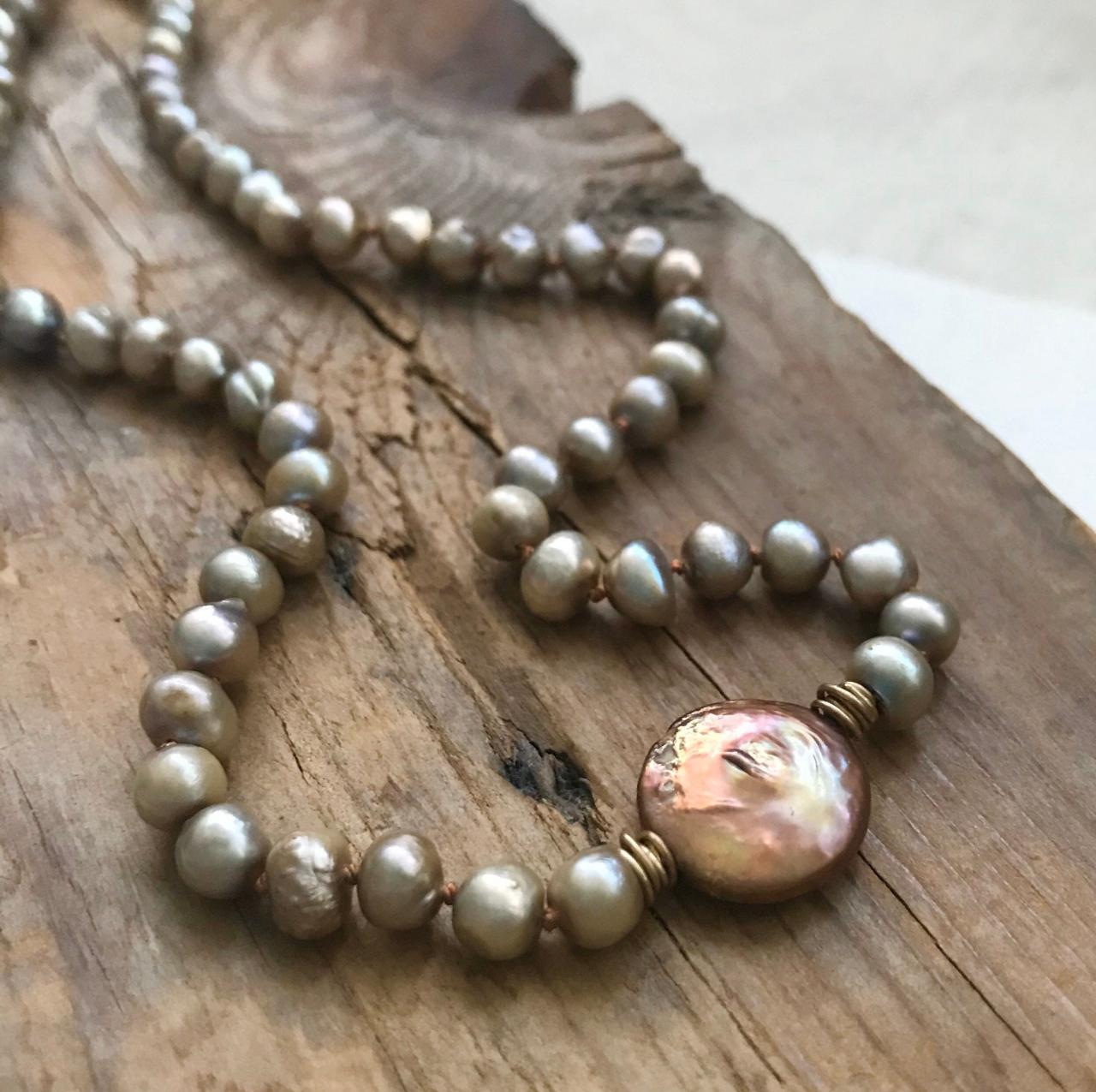Golden Pearl Necklace With Sterling Silver. Boho Chic Gemstone Jewelry June Birthstone Statement Necklace Gifts Under 100 Anniversary Gift