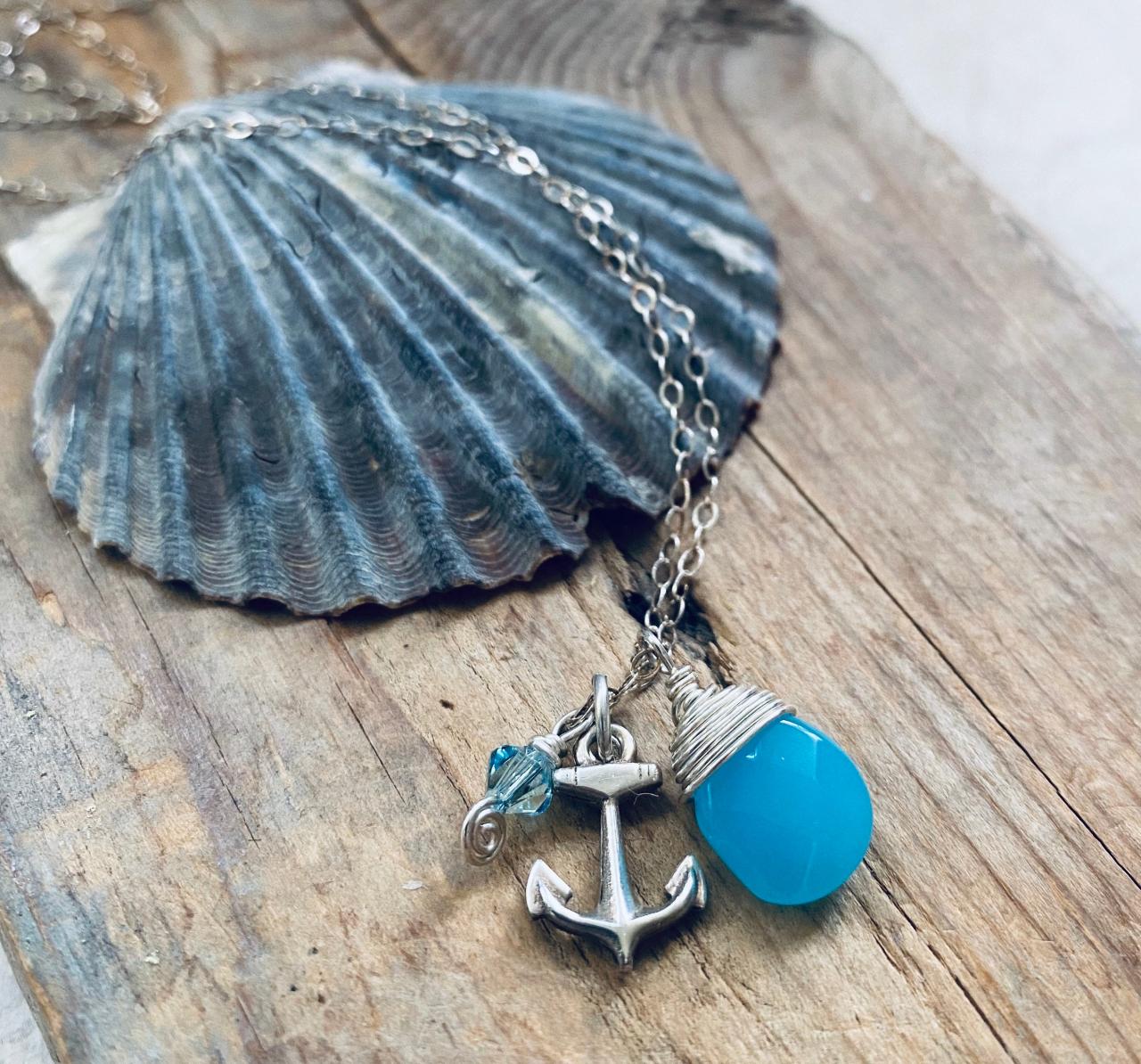Anchor Necklace Nautical Jewelry Aqua Briolette Crystal Sailors Necklace Summer Sailing Charm Silver Bridesmaids