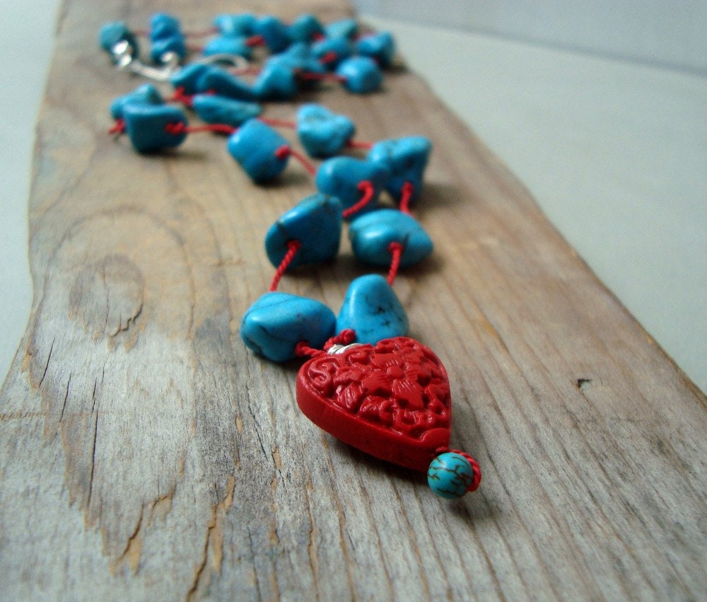 Turquoise And Cinnabar Heart Necklace - Boho Chic Summer Fashion Turquoise Jewelry December Birthstone Statement Necklace Gifts For Her