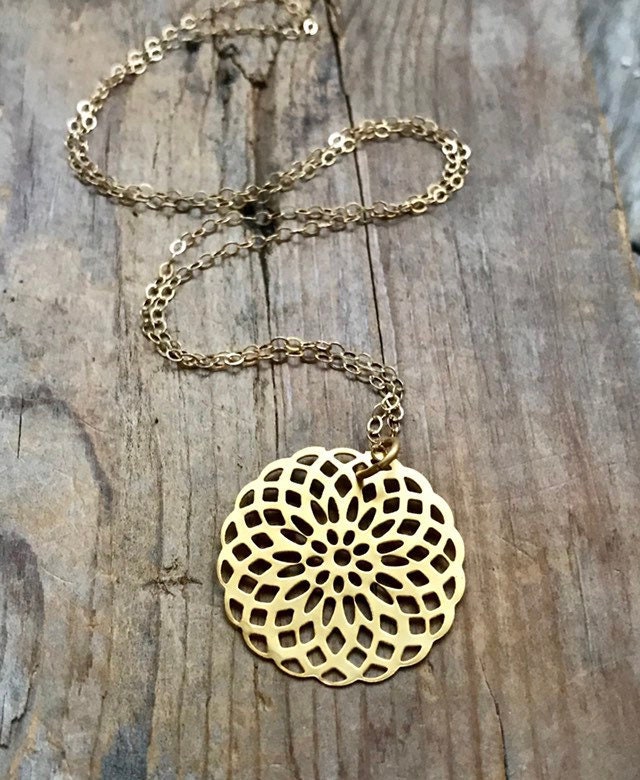 Gold Mandala Necklace Zen Jewelry Yoga Jewelry Asian Style Modern Pendant Gifts For Her Mothers Day Gifts Serenity Gifts Under 40