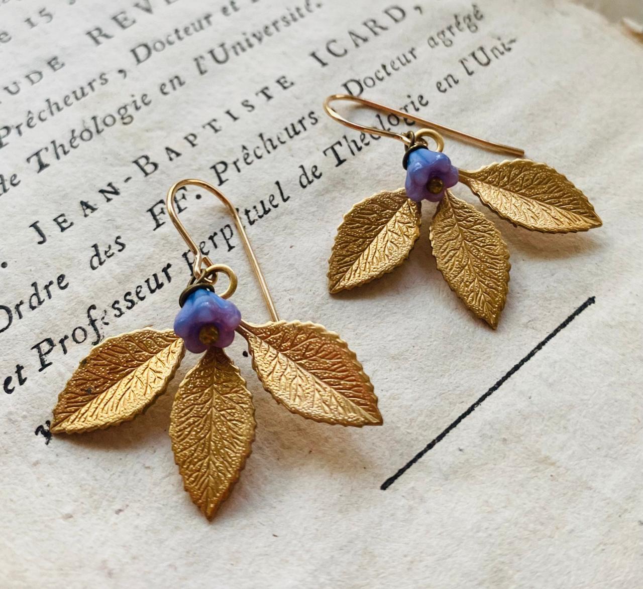 Brass Three Leaf Earrings With Purple Flower Nature Inspired Vintage Style Under 40 Woodland Jewelry Fall Fashion Dangles Gifts For Her