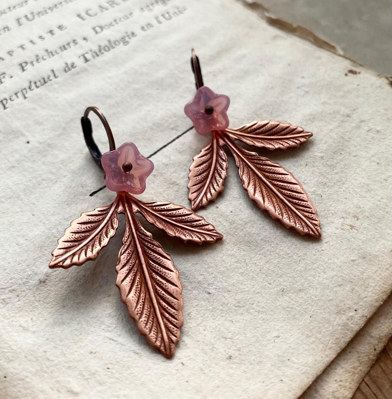 Copper Three Leaf Earrings With Pink Flower Nature Inspired Vintage Style Under 40 Woodland Jewelry Fall Fashion Dangles Gifts For Her