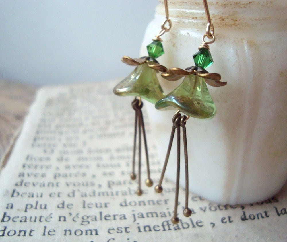 Lime And Brass Blossom Earrings Swarovski Crystal Vintage Style Holiday Jewelry Fall Fashion Gifts Under 40 Flower Jewelry Floral
