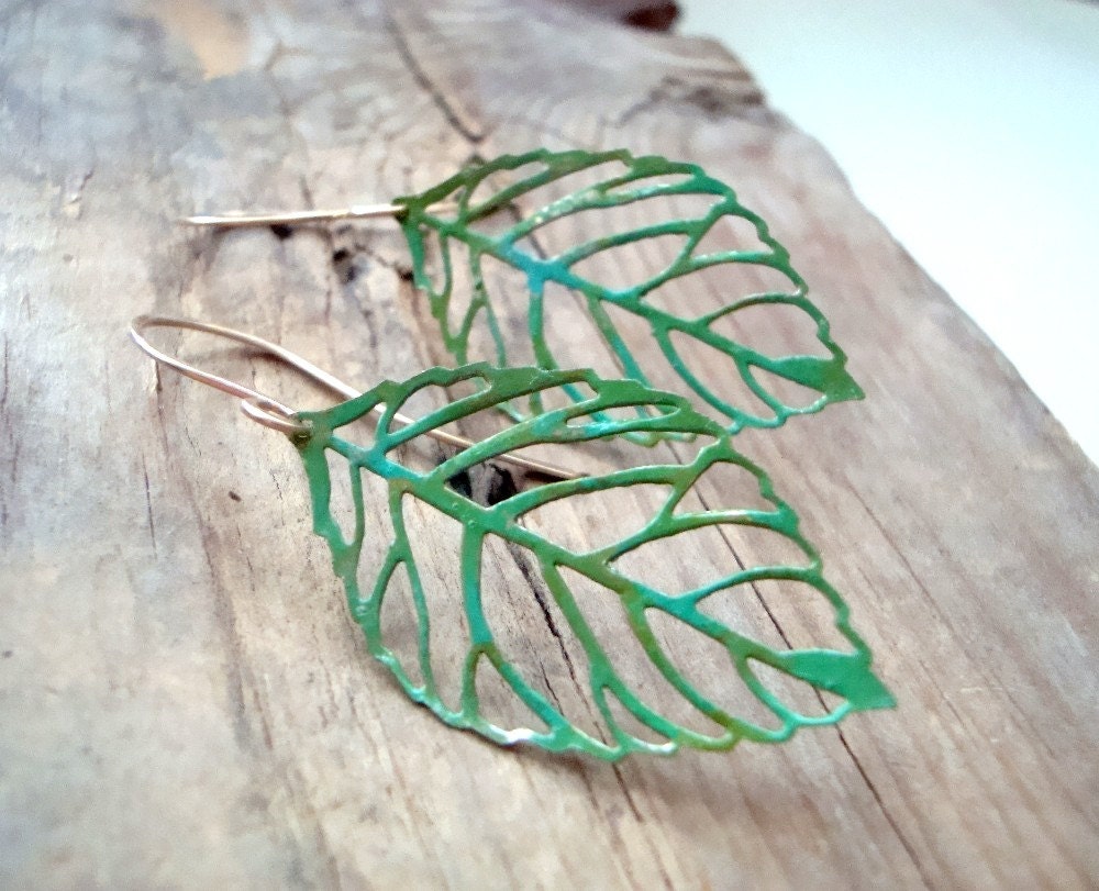 Patina Cutout Leaf Earrings Nature Inspired Painted Modern Zen Minimalist Gifts Under 25 Woodland Jewelry Fall Fashion Dangles Gifts For Her