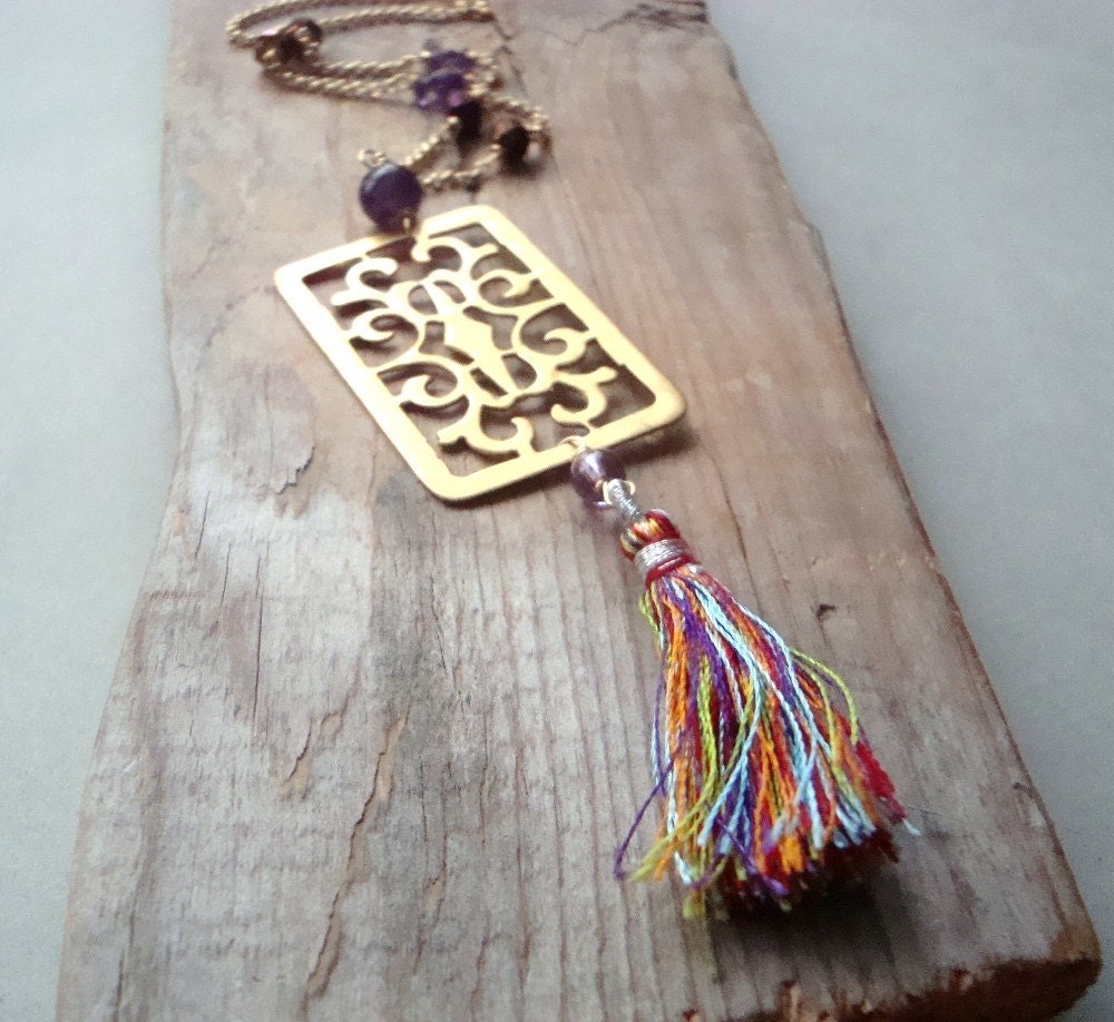 Boho Tassel Necklace With Brass Rectangle, Amethyst And Crystal Statement Jewelry February Birthstone Jewelry Bohemian Summer Fashion