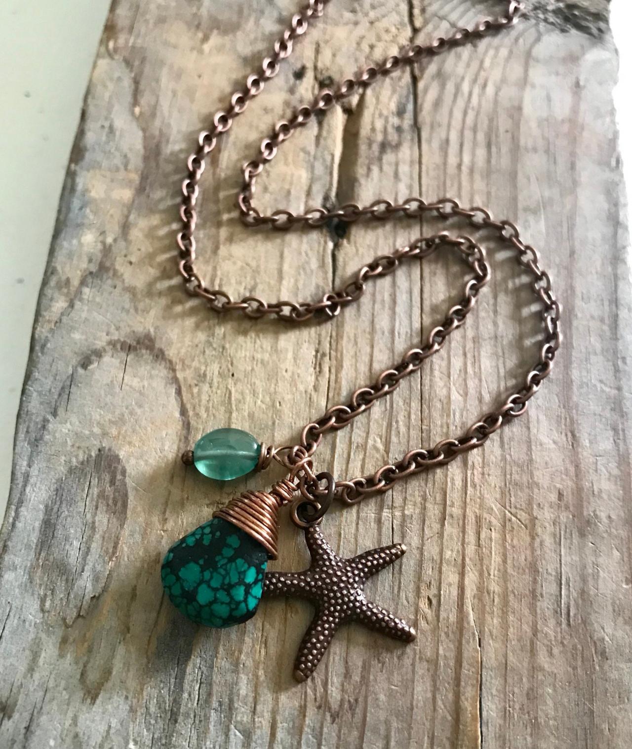 Copper Necklace Turquoise With Starfish And Apatite Copper Jewelry Beachy Summer Jewelry Gemstone Bridesmaid Necklace Wholesale