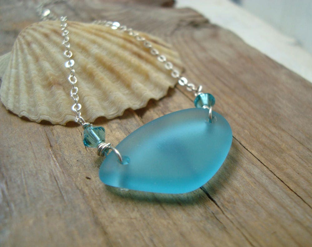 Aqua Sea Glass Necklace With Crystal Sterling Silver Beachy Blue Summer Jewelry Bridesmaid Beach Weddings Gifts Under 30