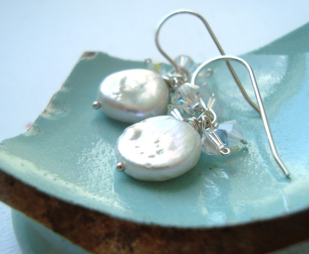 White Coin Pearl And Crystal Earrings Bridal Jewelry June Birthstone Sterling Silver Weddings Wire Wrapped Shabby Chic