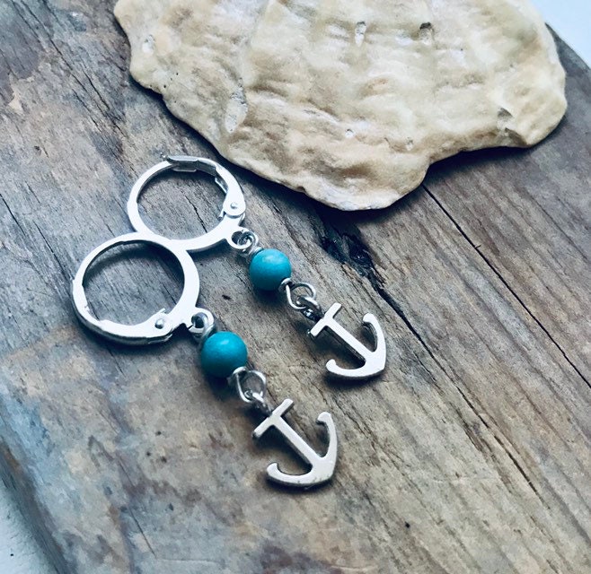 Anchor Earrings With Turquoise Silver Jewelry December Birthstone Aqua Nautical Jewelry Bridesmaid Jewelry For Her Gifts Under 20 Charm