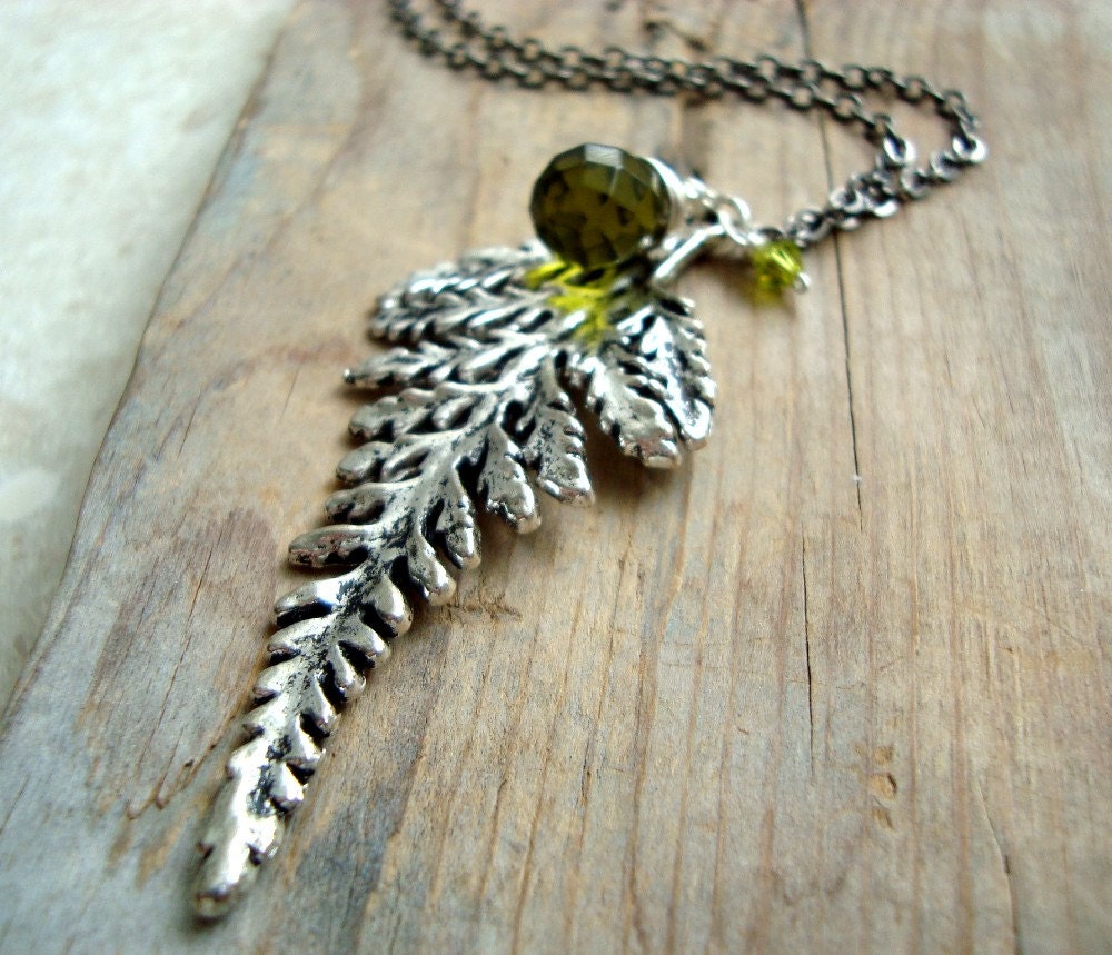 Silver Fern Necklace With Olive Green Crystals, Woodland, Statement Necklaces, Long Layering Necklaces, Gifts Under 40 Nature Inspired