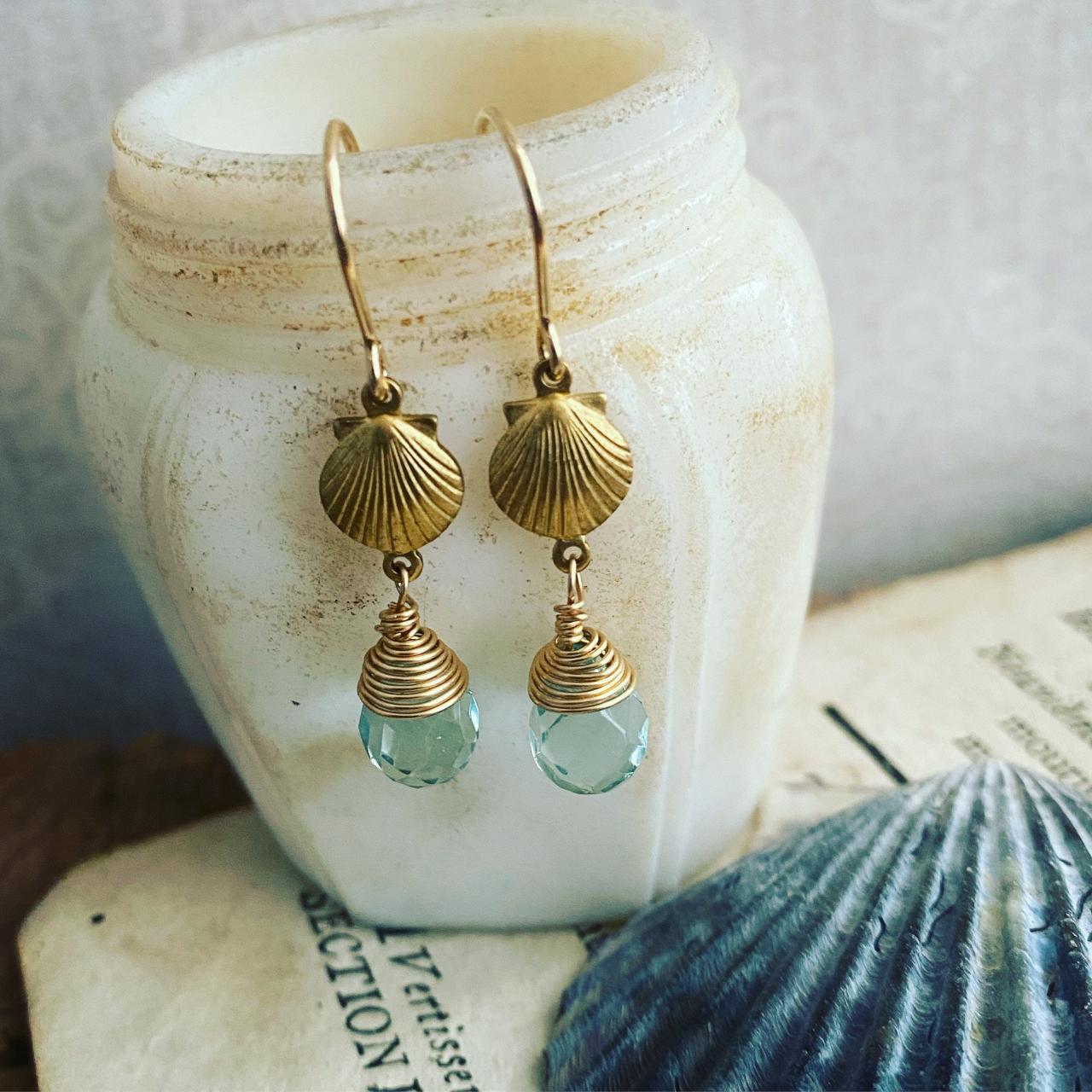 Brass Scallop Earrings With Aqua Crystal Beachy Jewelry Charm Jewelry Gold Earrings Beach Weddings Bridesmaid Jewelry Gifts Under 40