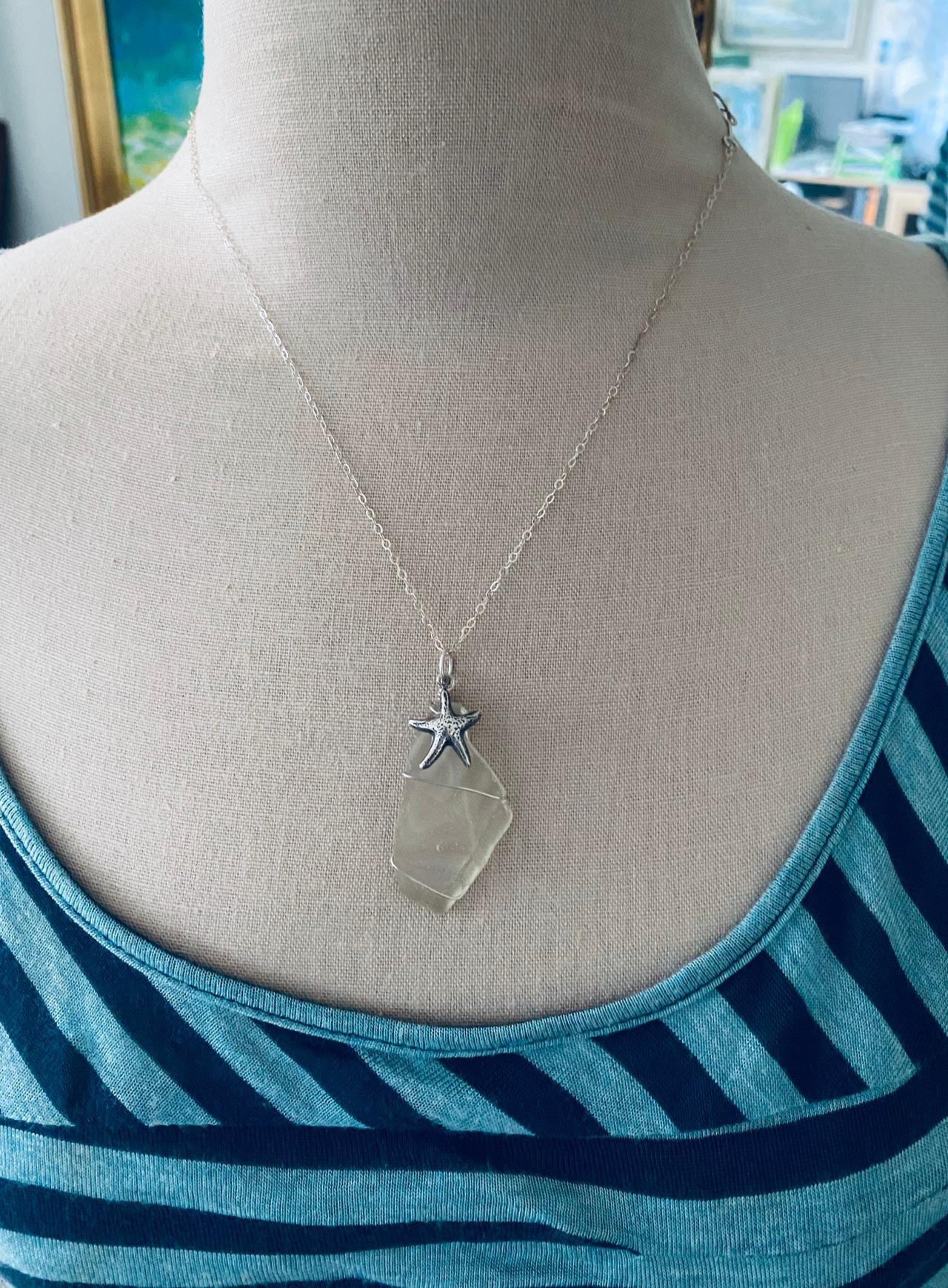 Sea Glass Necklace Clear With Silver Starfish Charm Sterling Silver Jewelry Beachy Summer Bridesmaid Beach Weddings