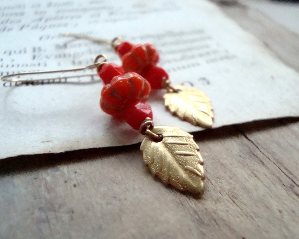 Tomato Red Glass And Brass Leaf Earrings Gold Fall Fashion Holiday Jewelry Nature Inspired Vintage Style Leaf Jewelry Gifts Under 30