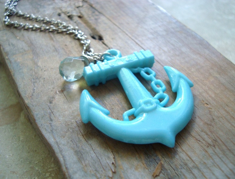 Large Anchor Necklace Aqua Blue Statement Jewelry Nautical Jewelry Summer Jewelry Silver Layering Necklace Beachy Gifts Under 30