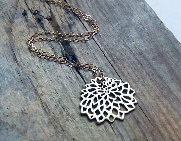 Gold Chrysanthemum Necklace - Small. Gold Filled Metalwork Modern Asian Style Flower Pendant Gifts Under 30 Zen Jewelry Silver Small Floral