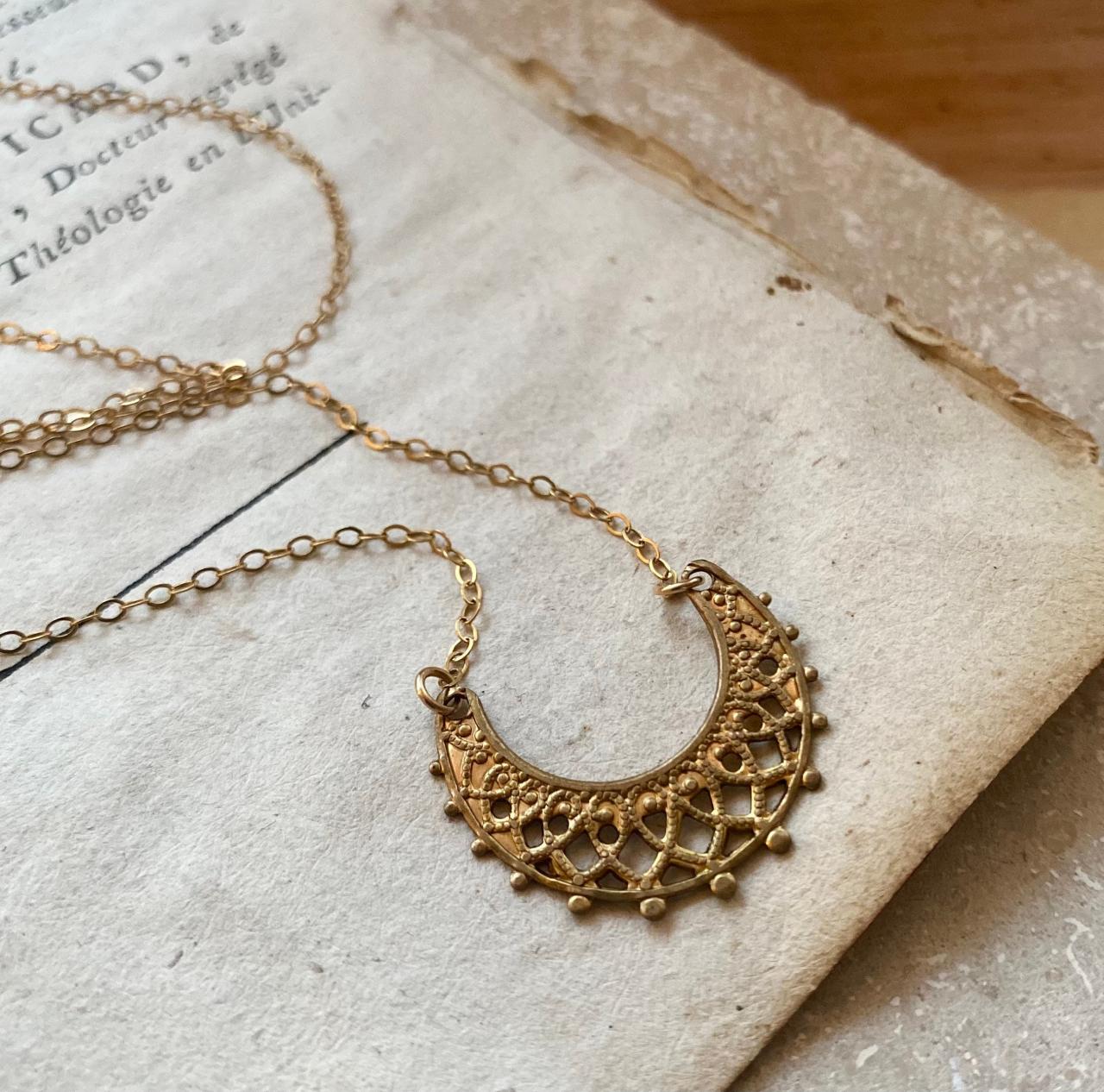 Brass Filigree Crescent Necklace Brass Jewelry Golden Simple Vintage Style Mothers Day Gifts Under 30 Art Nouveau Gold Filled Chain Necklace