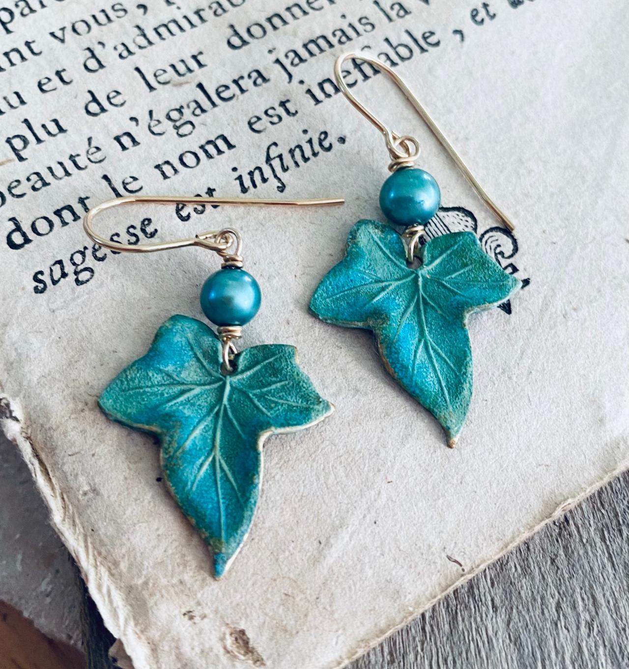 Ivy Leaf Earrings With Aqua Pearl Art Nouveau Nature Inspired Vintage Style Brass Leaf Jewelry Gifts For Her Gifts Under 50