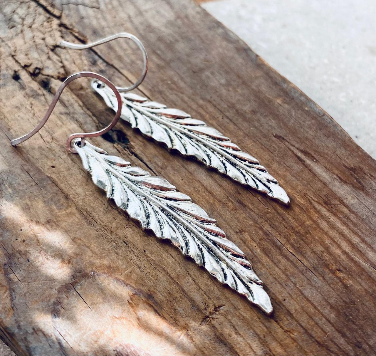 Large Silver Feather Earrings Native American Statement Earrings Nature Inspired Silver Jewelry Gifts Under 40 Long Dangles Boho Bohemian