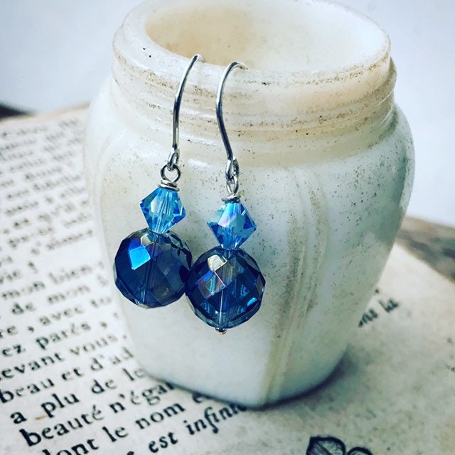 Blue Crystal Earrings Sterling Silver Bridal Jewelry Wedding Jewelry Bridesmaid Gifts Under 30 Weddings Holiday Mothers Day 
