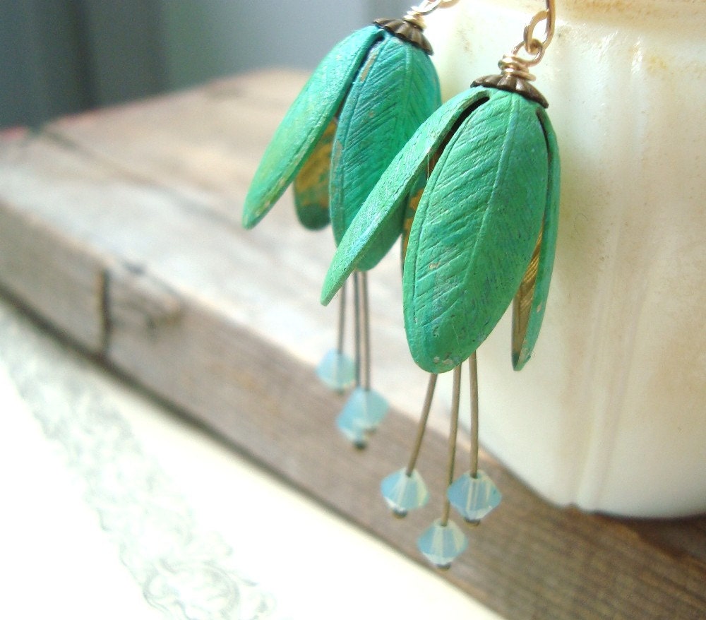 Petal Earrings - Green Patina With Aqua Crystal Brass Petal Mint Green Flower Jewelry Mothers Day Hand Painted Floral Weddings Bridesmaids